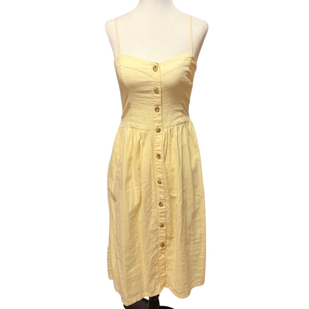 Abercrombie & Fitch Yellow Linen Blend Button Front Midi Dress XS Cottagecore